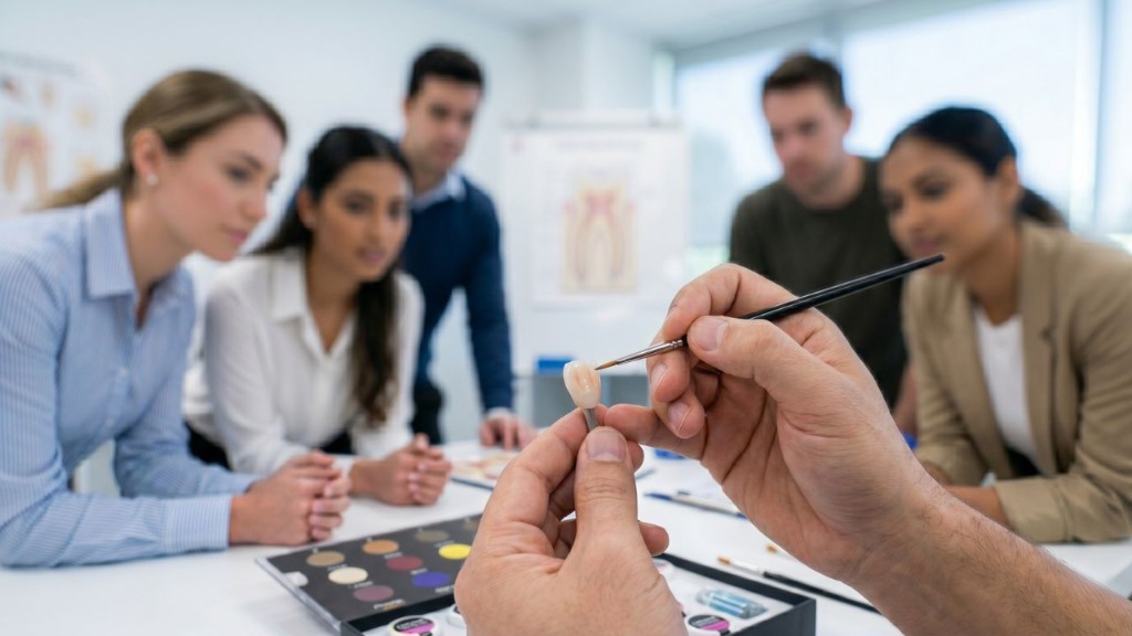 Dental training session with instructor demonstrating crown staining technique to students